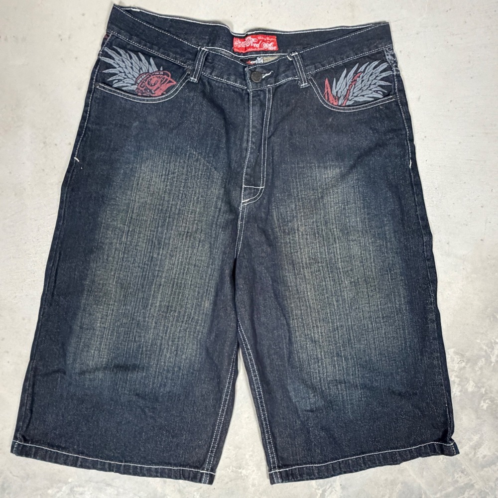 Red Ape Mens Denim Shorts Size 40 Dark Wash Embroidered Baggy Y2K Streetwear
